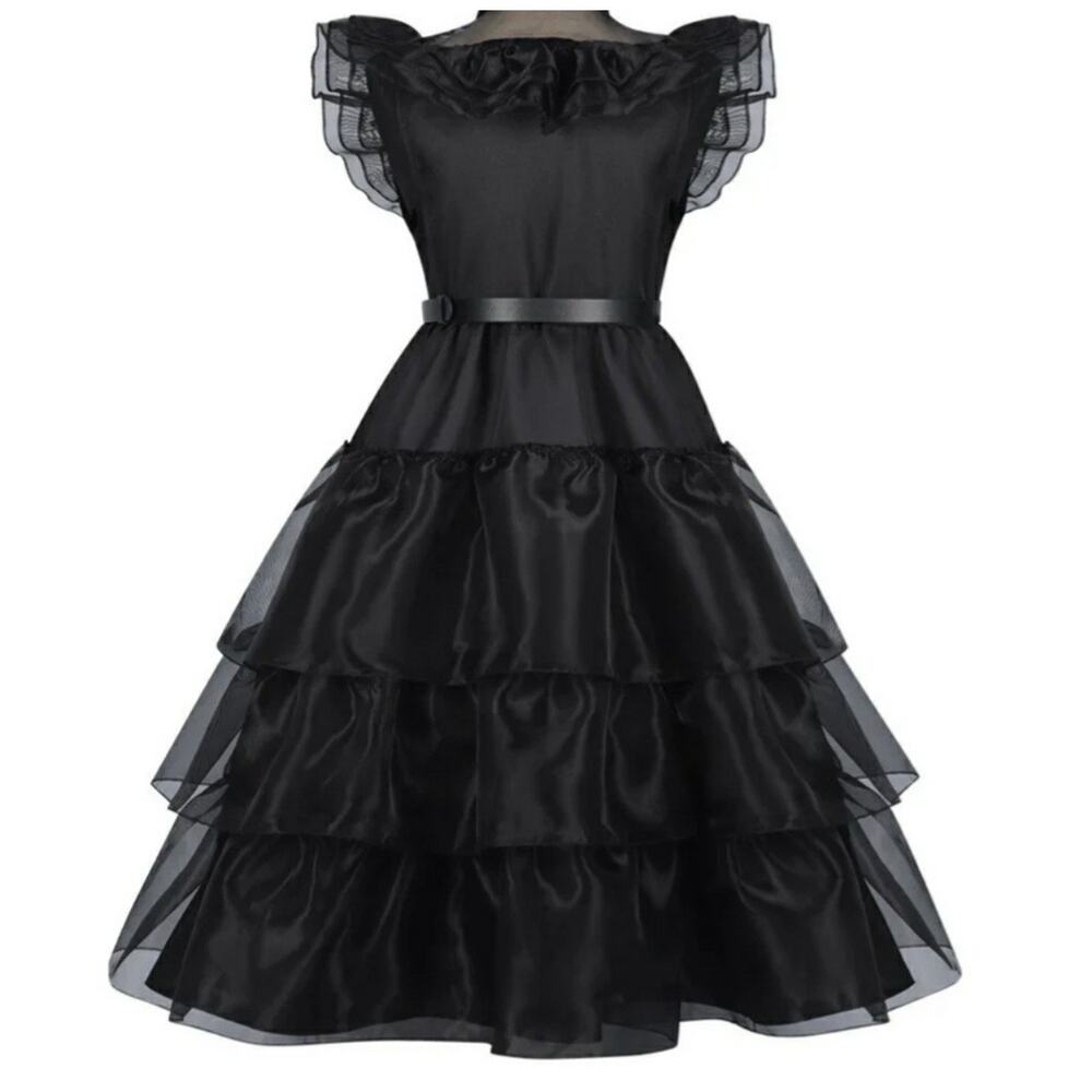Black Halloween Organza Ruffled Lapel Dress size 140 8-10 Years Wednesday Addams - Picture 2 of 2